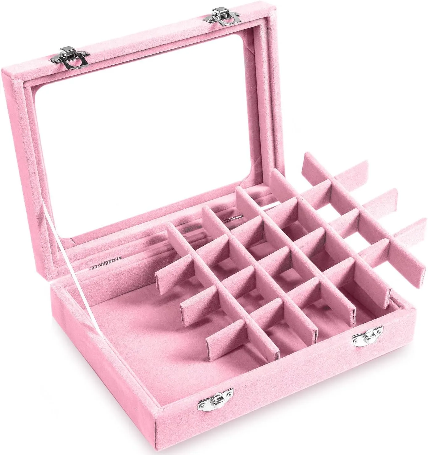Jewelry Box 24 Grid Velvet Earrings Holder Tray Detachable Earring Ring Case Jewelry Showcase Glass Clear Lid Organizer Jewelry Display Storage Ring Trays (Light Pink)