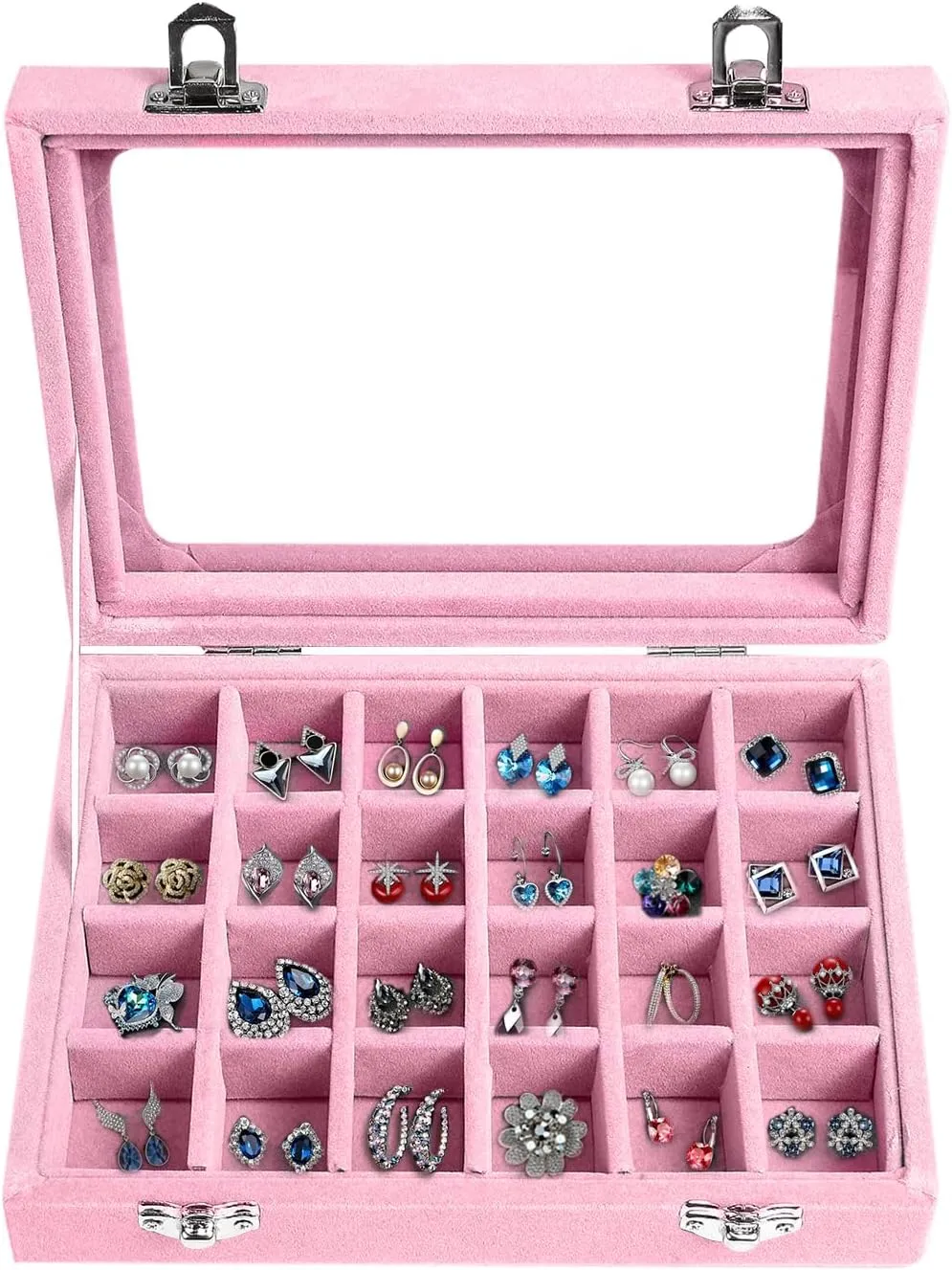 Jewelry Box 24 Grid Velvet Earrings Holder Tray Detachable Earring Ring Case Jewelry Showcase Glass Clear Lid Organizer Jewelry Display Storage Ring Trays (Light Pink)