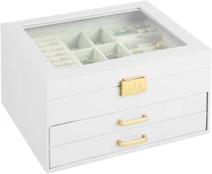 Jewelry Box For Women - 3 Layer Jewelry Organizer With Clear Lid, Large Jewelry Case With 2 Drawers For Bracelets Rings Earrings Necklace Storage, 8 x 9.2 x 5.3 Inches, White Gold