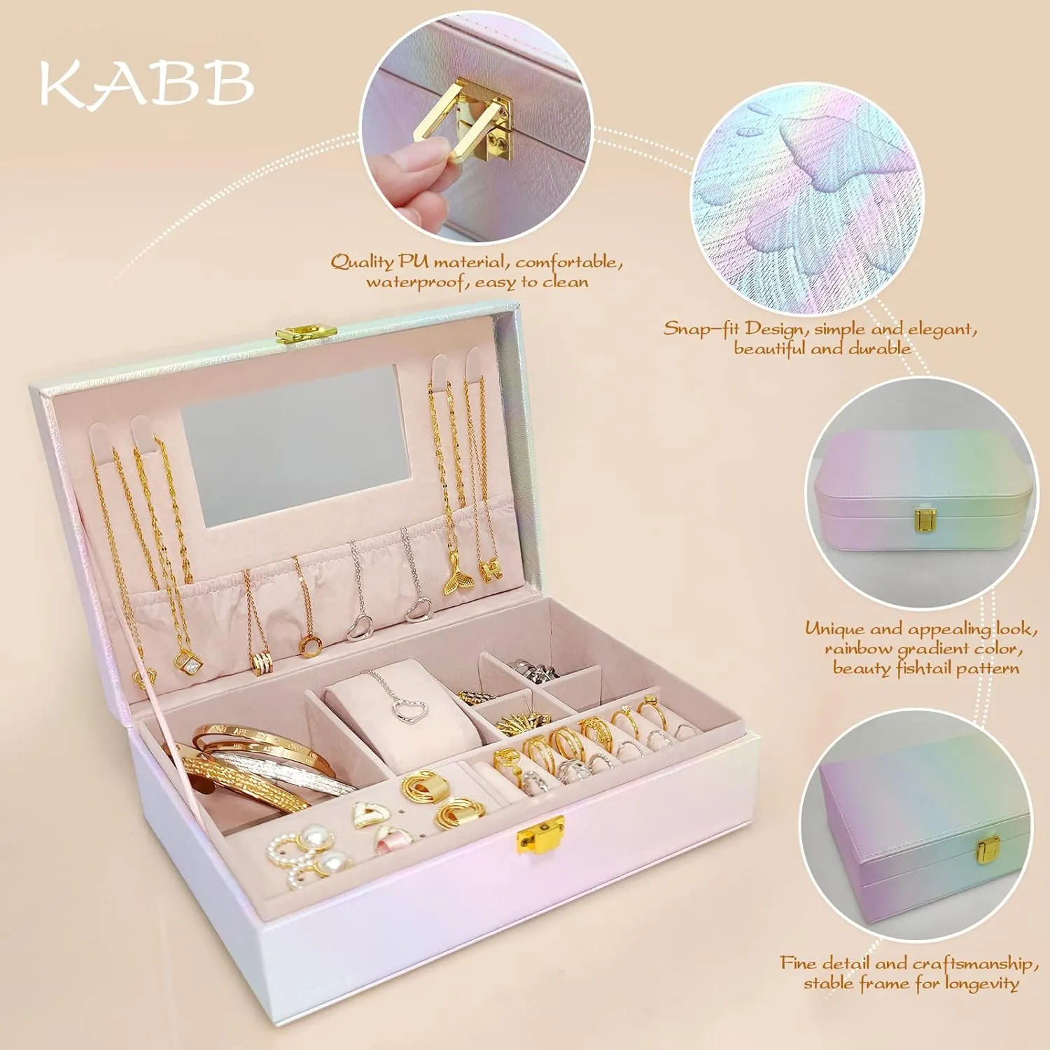 Jewelry Box for Women Girls Wife Ideal, Gift Jewelry Box Organizer with Fishtail Pattern & Mirror, PU Leather Necklace Ring Earring Bracelet Watch Storage Case Jewelry Boxes for Women Girls