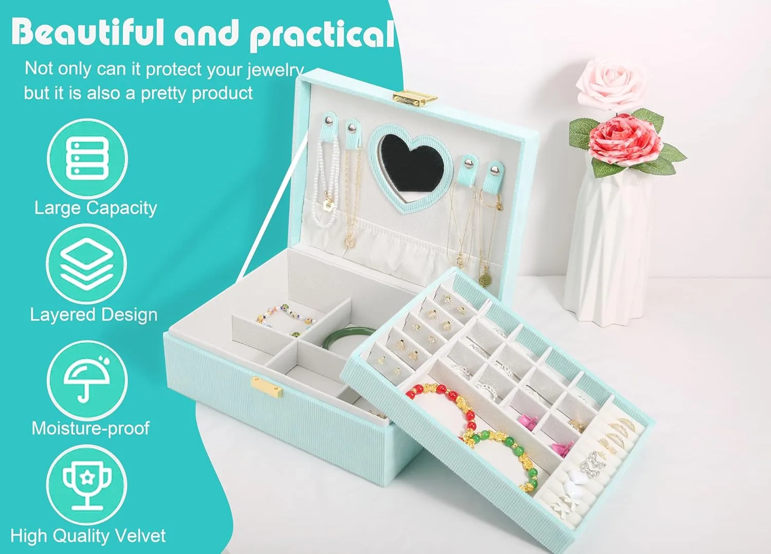 Jewelry Box Organizer for Women Jewelry for Girls Jewelry Box Ideal Gift 2-Layer Jewelry Organizer Large Jewelry Storage Boxes Earrings Box Case for Necklace Bracelets Storage