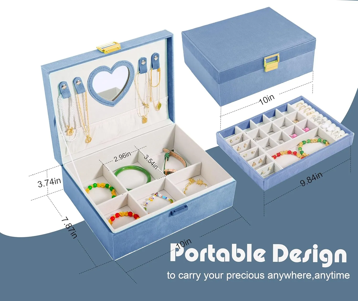 Jewelry Box Organizer for Women,Jewelry Box Ideal Gift 2-Layer Jewelry Organizer Box Large Jewelry Storage Boxes Earrings Box Case for Necklace Bracelets Storage Earrings Rings Box (DBlue)