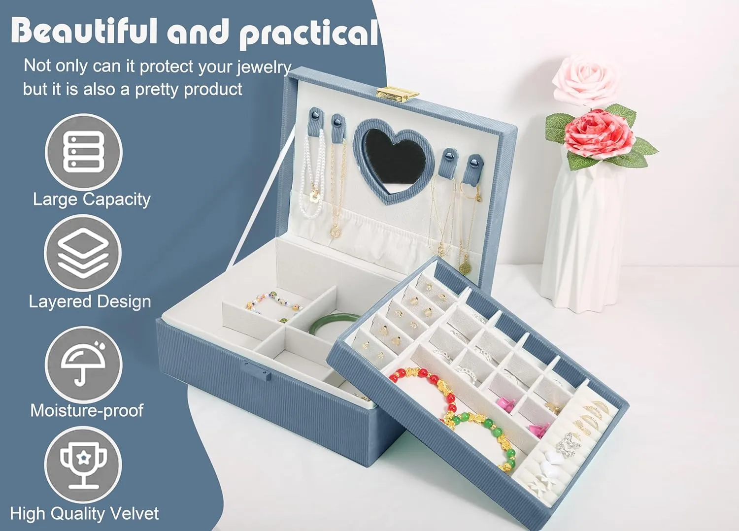 Jewelry Box Organizer for Women,Jewelry Box Ideal Gift 2-Layer Jewelry Organizer Box Large Jewelry Storage Boxes Earrings Box Case for Necklace Bracelets Storage Earrings Rings Box (DBlue)