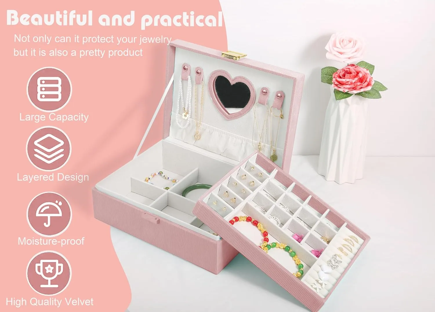 Jewelry Box Organizer for Women,Jewelry Box Ideal Gift 2-Layer Jewelry Organizer Box Large Jewelry Storage Boxes Earrings Box Case for Necklace Bracelets Storage Earrings Rings Box (Pink)