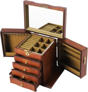 Jewelry Box Storage, 5-Layer Jewelry Organizer Chest Stand Storage Wood with 4 Drawers Vintage Style Storage Box with Mirror for Placing Rings, Earrings, Bracelets