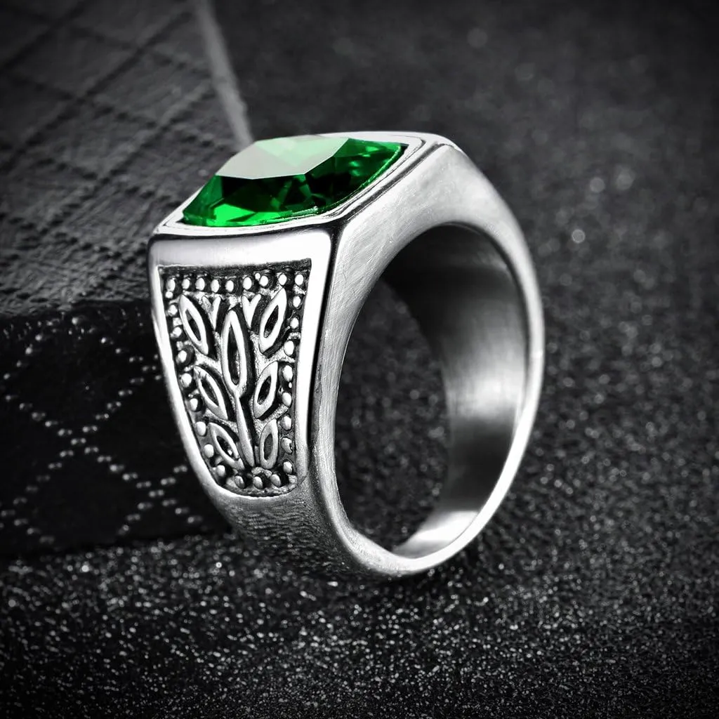 Jewelry Men's Stainless Steel Wide Identify Ring Green Emerald Color Square Stone