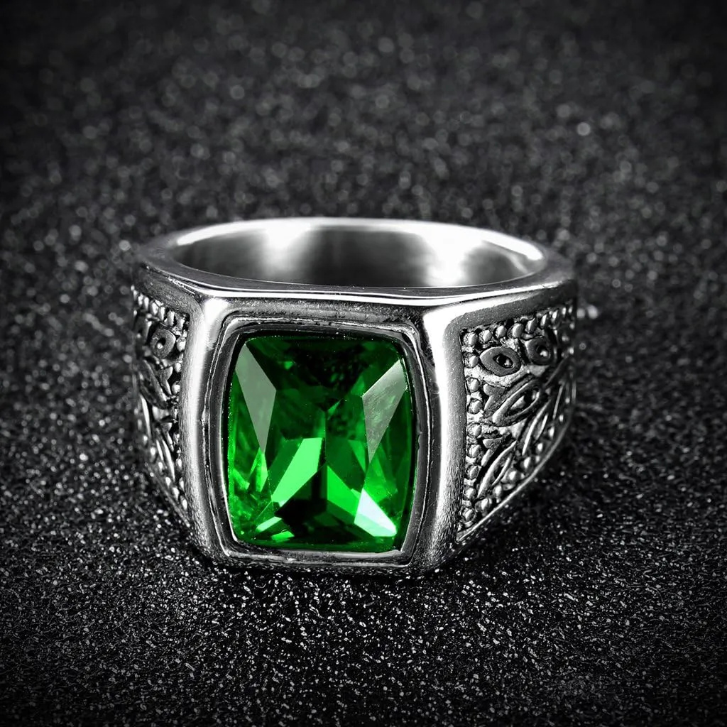Jewelry Men's Stainless Steel Wide Identify Ring Green Emerald Color Square Stone