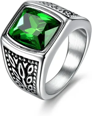 Jewelry Men's Stainless Steel Wide Identify Ring Green Emerald Color Square Stone