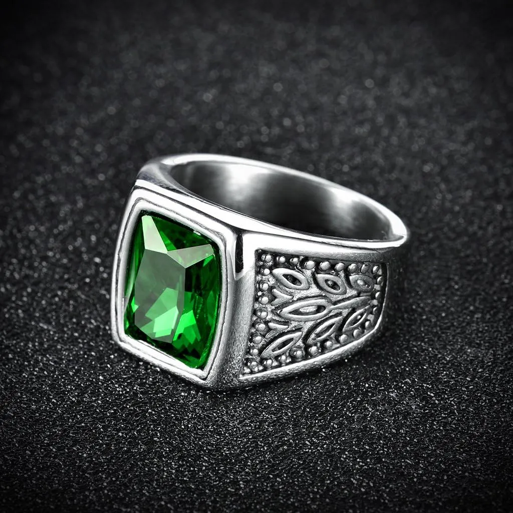 Jewelry Men's Stainless Steel Wide Identify Ring Green Emerald Color Square Stone