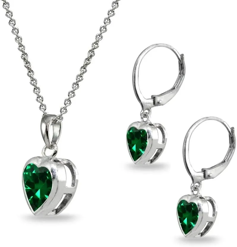 Jewelry Sets for Women, Heart Necklace and Earring Sets for Women, Birthstone Jewelry, Bezel-Set Genuine or Synthetic Gems, Pendant Necklace, Short Necklace, Dangle Earrings, Sterling Silver Jewelry