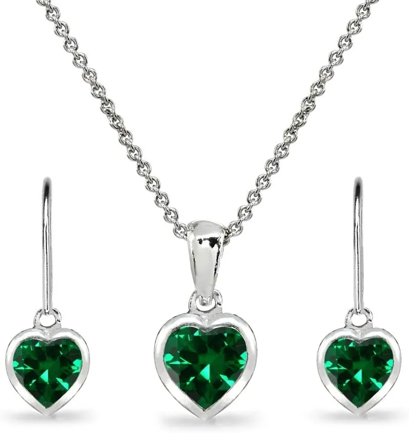 Jewelry Sets for Women, Heart Necklace and Earring Sets for Women, Birthstone Jewelry, Bezel-Set Genuine or Synthetic Gems, Pendant Necklace, Short Necklace, Dangle Earrings, Sterling Silver Jewelry