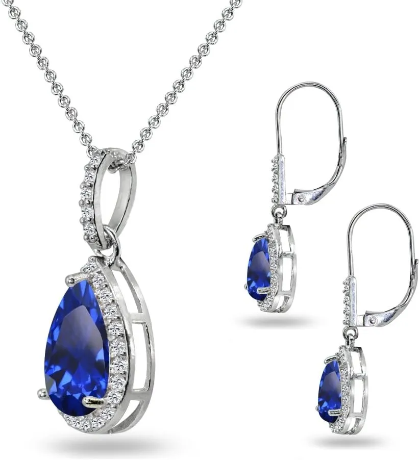 Jewelry Sets for Women, Necklace and Earring Sets for Women, Birthstone Jewelry, Genuine or Synthetic Gemstones, Teardrop Necklace and Dangle Earrings, Pendant Necklace, Sterling Silver Jewelry
