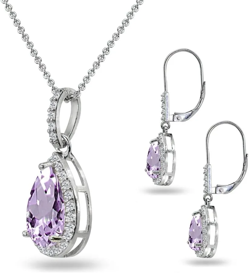 Jewelry Sets for Women, Necklace and Earring Sets for Women, Birthstone Jewelry, Genuine or Synthetic Gemstones, Teardrop Necklace and Dangle Earrings, Pendant Necklace, Sterling Silver Jewelry