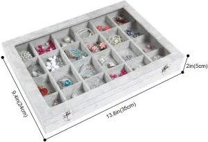 Jewelry Tray 24 Grid Velvet Jewelry Organizer with Clear Lid Transparent Earring Organizer Holder Case with Clasp Drawer Insert for Rings Studs Gift for Women Girls (Grey)