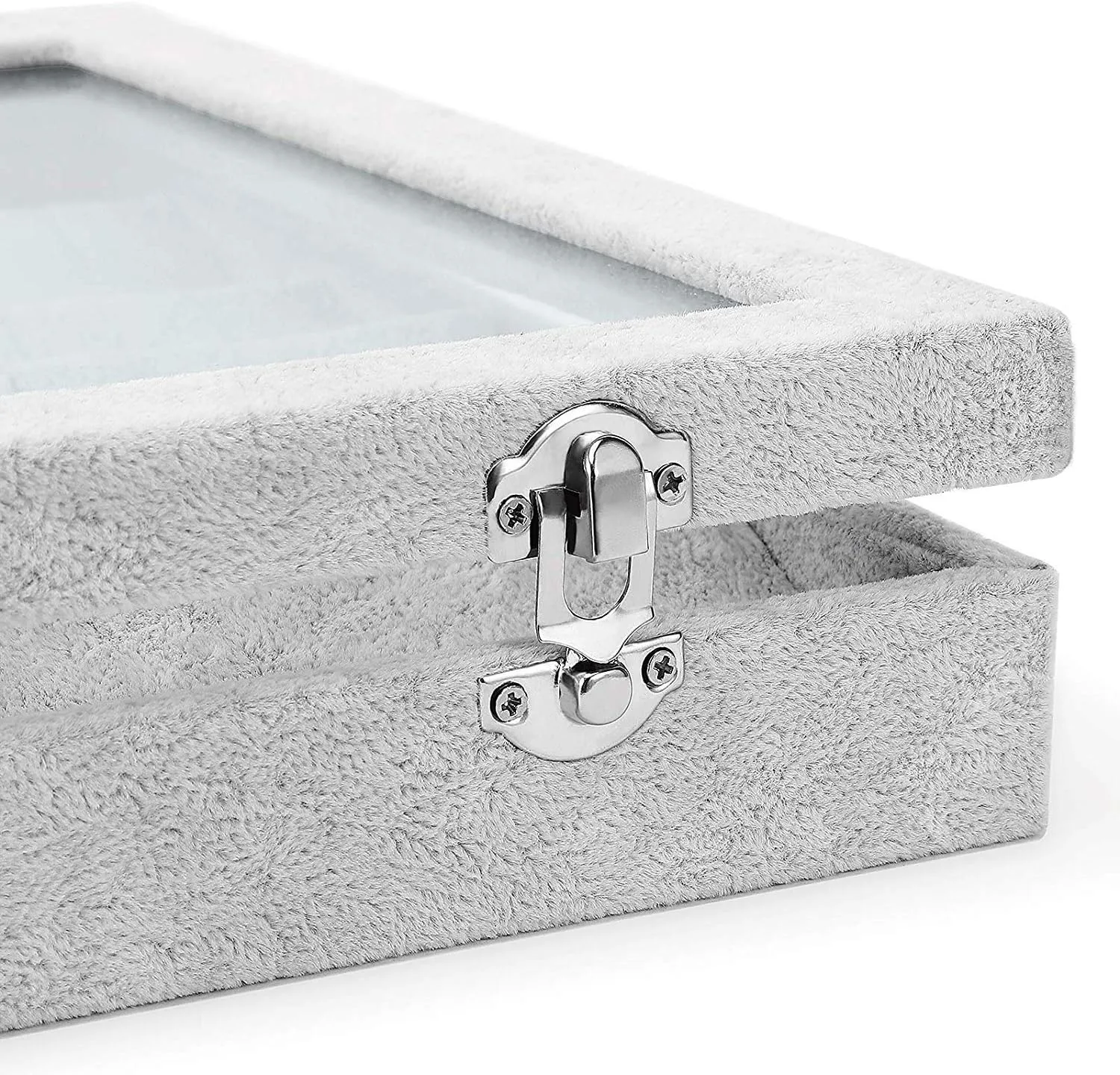 Jewelry Tray 24 Grid Velvet Jewelry Organizer with Clear Lid Transparent Earring Organizer Holder Case with Clasp Drawer Insert for Rings Studs Gift for Women Girls (Grey)