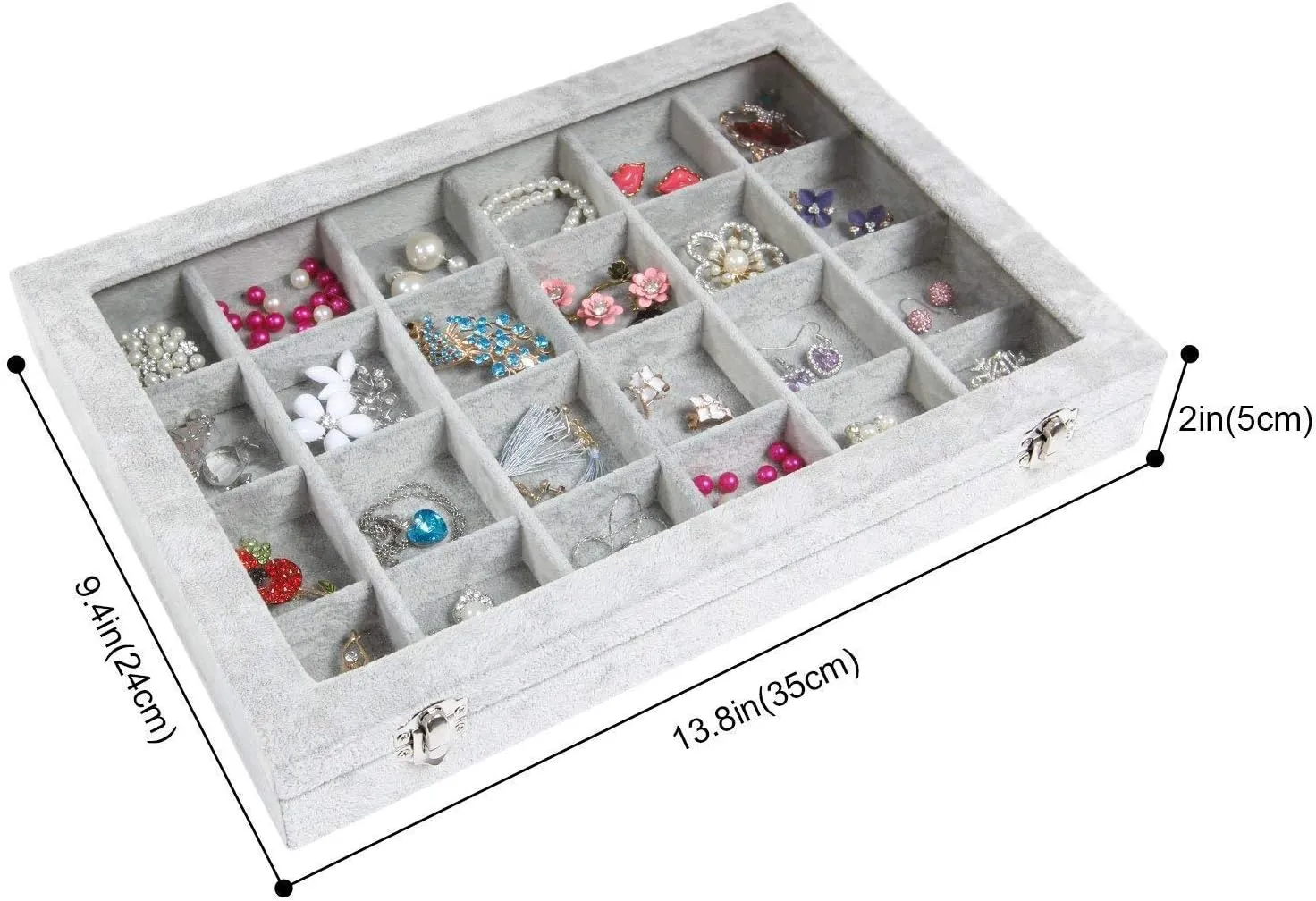 Jewelry Tray 24 Grid Velvet Jewelry Organizer with Clear Lid Transparent Earring Organizer Holder Case with Clasp Drawer Insert for Rings Studs Gift for Women Girls (Grey)
