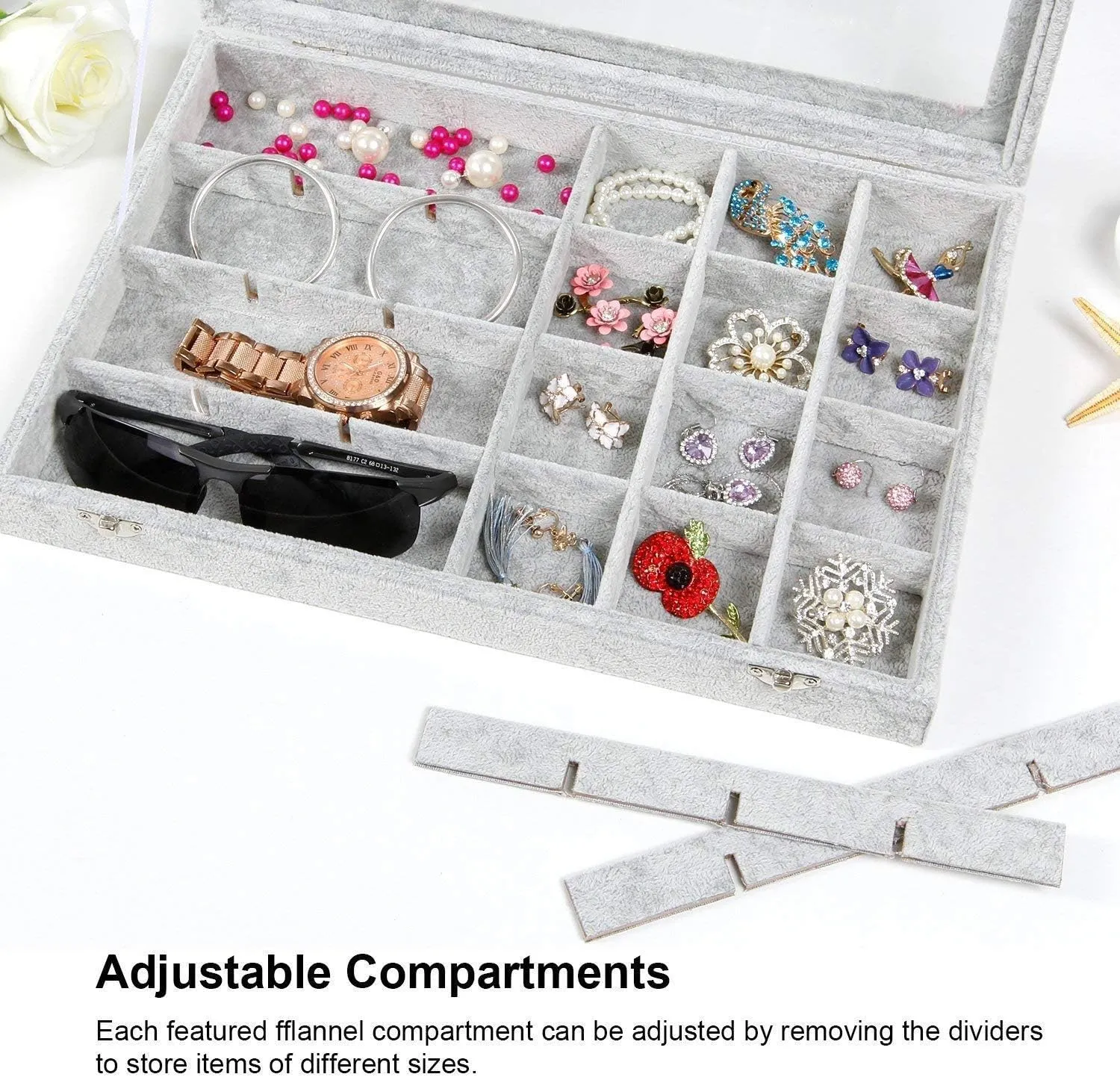 Jewelry Tray 24 Grid Velvet Jewelry Organizer with Clear Lid Transparent Earring Organizer Holder Case with Clasp Drawer Insert for Rings Studs Gift for Women Girls (Grey)