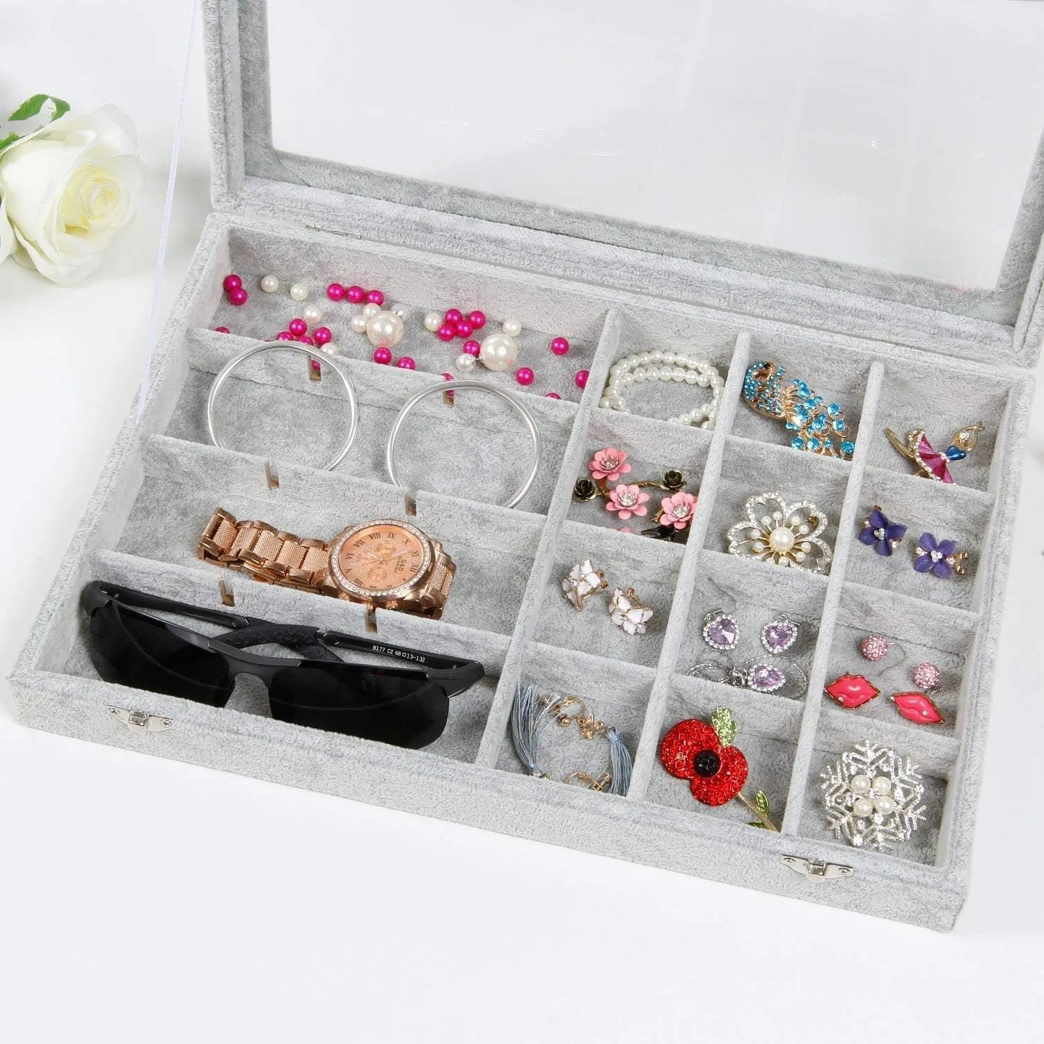 Jewelry Tray 24 Grid Velvet Jewelry Organizer with Clear Lid Transparent Earring Organizer Holder Case with Clasp Drawer Insert for Rings Studs Gift for Women Girls (Grey)
