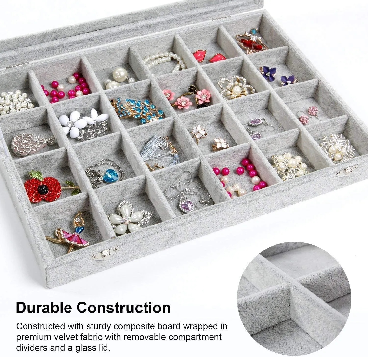 Jewelry Tray 24 Grid Velvet Jewelry Organizer with Clear Lid Transparent Earring Organizer Holder Case with Clasp Drawer Insert for Rings Studs Gift for Women Girls (Grey)