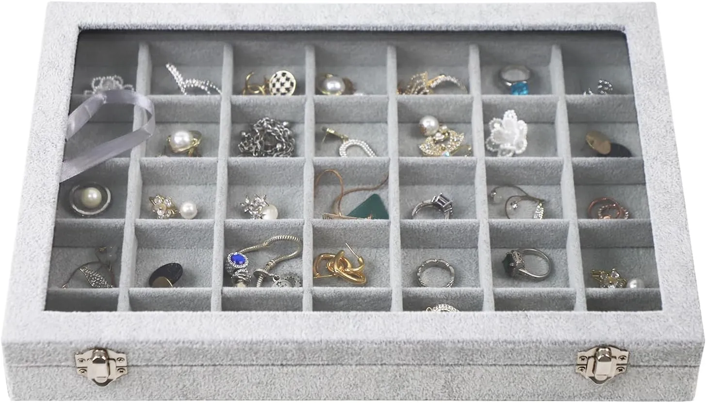 Jewelry Tray 35 Grid Velvet Jewelry Organizer with Clear Lid Transparent Earring Bracelet Organizer Holder Case with Clasp Drawer Insert for Rings Studs Gift for Women Girls (Grey)