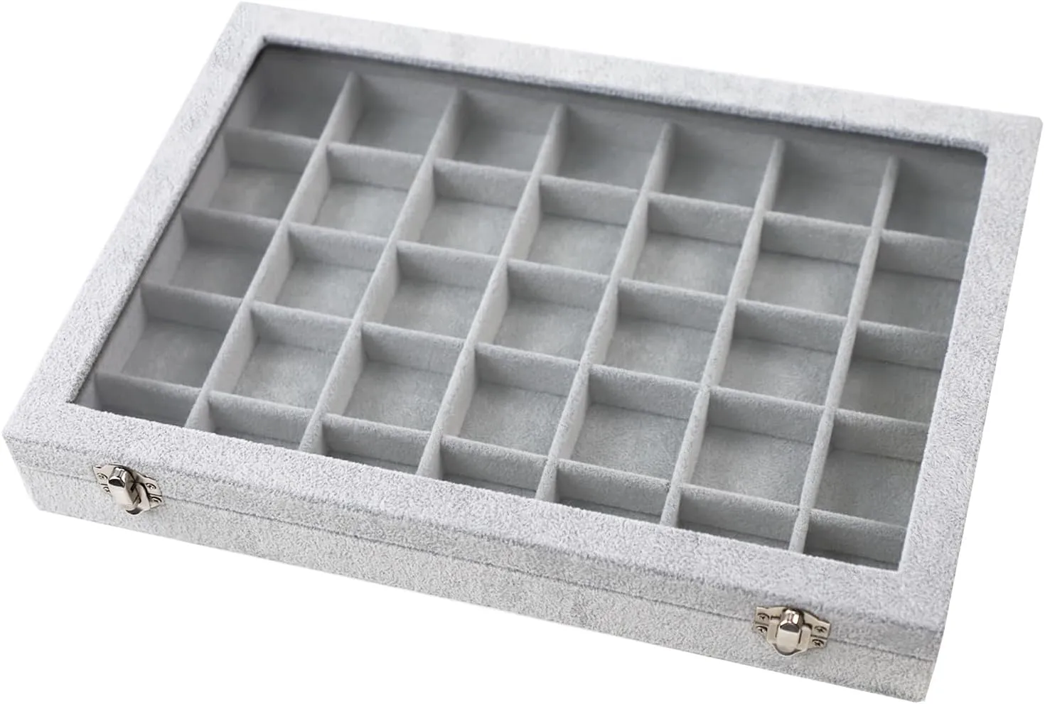 Jewelry Tray 35 Grid Velvet Jewelry Organizer with Clear Lid Transparent Earring Bracelet Organizer Holder Case with Clasp Drawer Insert for Rings Studs Gift for Women Girls (Grey)