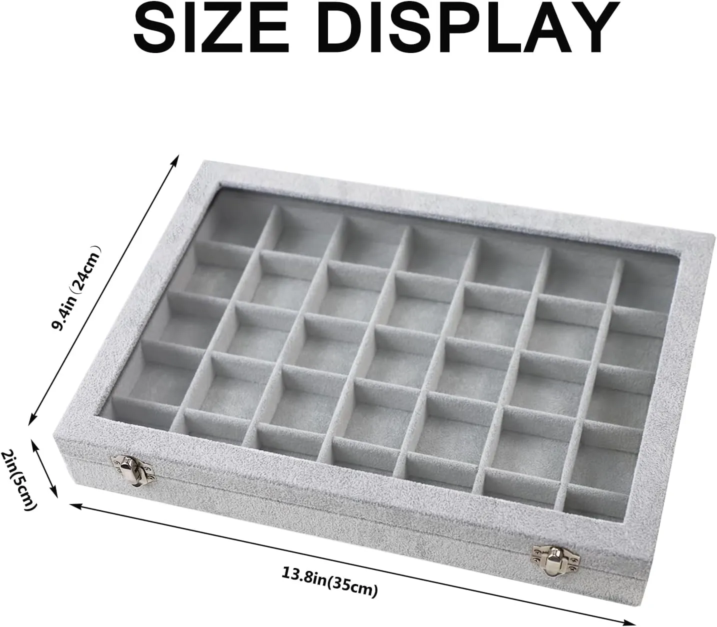Jewelry Tray 35 Grid Velvet Jewelry Organizer with Clear Lid Transparent Earring Bracelet Organizer Holder Case with Clasp Drawer Insert for Rings Studs Gift for Women Girls (Grey)