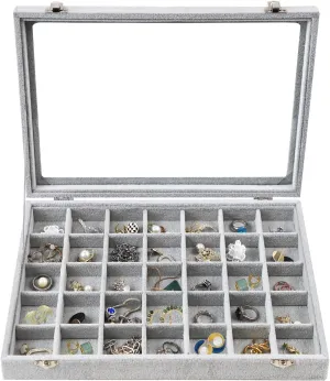Jewelry Tray 35 Grid Velvet Jewelry Organizer with Clear Lid Transparent Earring Bracelet Organizer Holder Case with Clasp Drawer Insert for Rings Studs Gift for Women Girls (Grey)