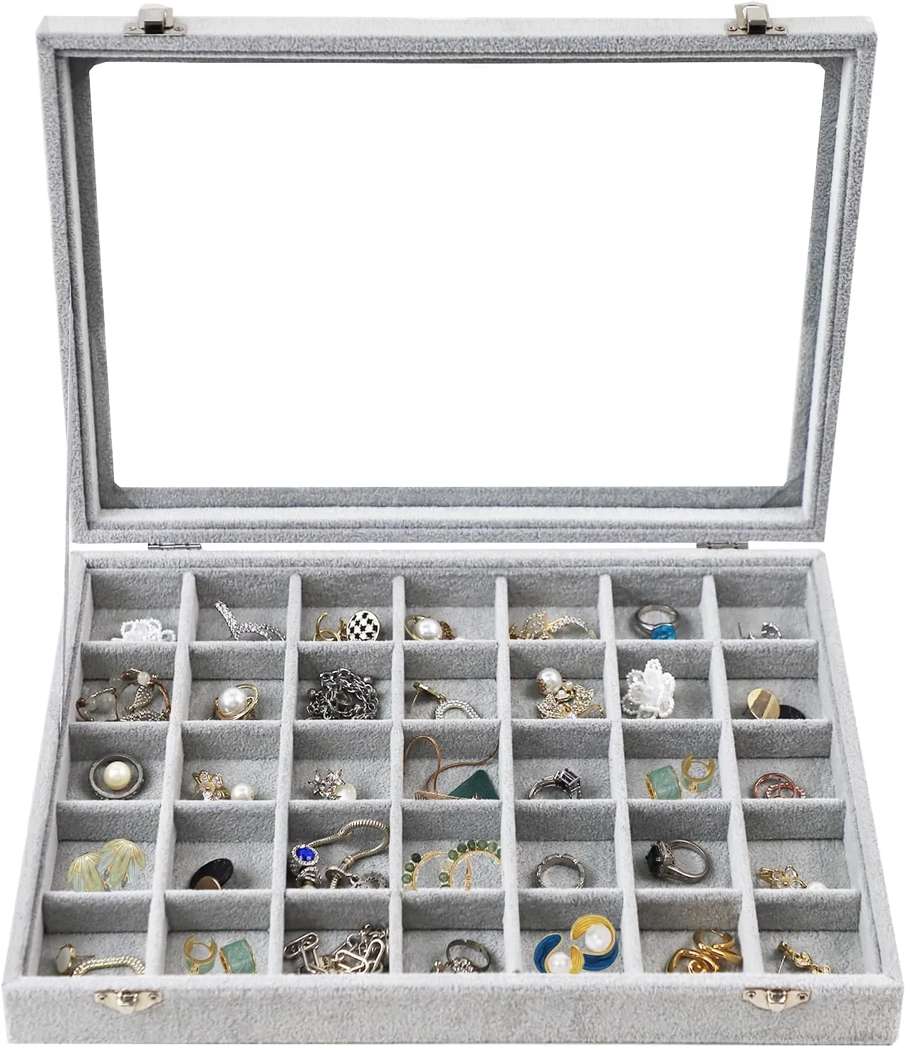 Jewelry Tray 35 Grid Velvet Jewelry Organizer with Clear Lid Transparent Earring Bracelet Organizer Holder Case with Clasp Drawer Insert for Rings Studs Gift for Women Girls (Grey)