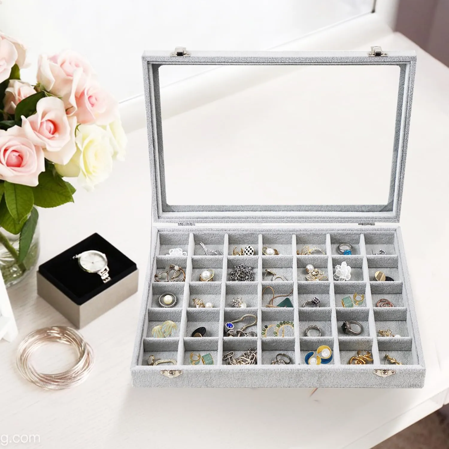 Jewelry Tray 35 Grid Velvet Jewelry Organizer with Clear Lid Transparent Earring Bracelet Organizer Holder Case with Clasp Drawer Insert for Rings Studs Gift for Women Girls (Grey)