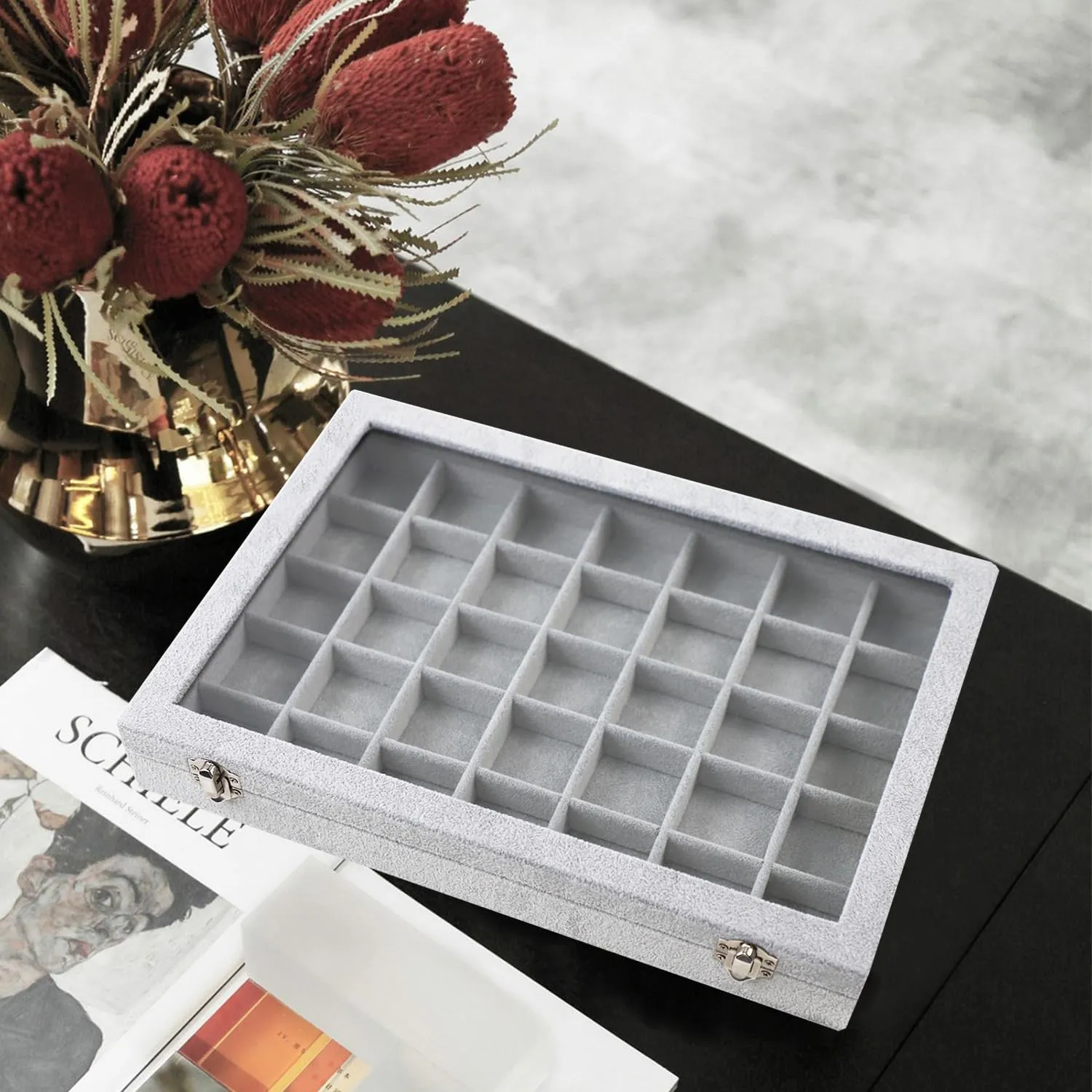 Jewelry Tray 35 Grid Velvet Jewelry Organizer with Clear Lid Transparent Earring Bracelet Organizer Holder Case with Clasp Drawer Insert for Rings Studs Gift for Women Girls (Grey)