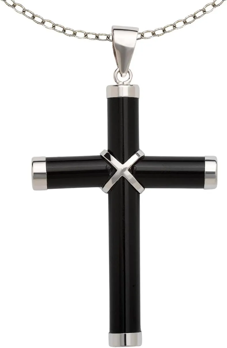 JewelryWeb Sterling Silver Jade Cross Necklace - Green Jade Cross Pendant - Onyx Cross - Authentic Jade Turquoise Onyx Cross - Religious Jade Necklace