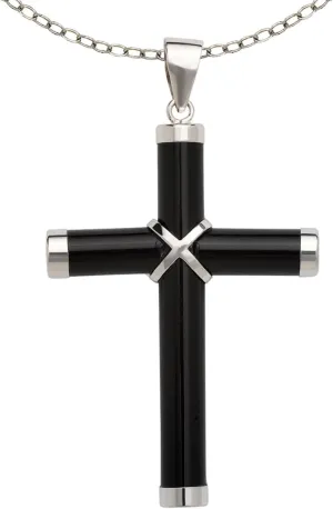 JewelryWeb Sterling Silver Jade Cross Necklace - Green Jade Cross Pendant - Onyx Cross - Authentic Jade Turquoise Onyx Cross - Religious Jade Necklace