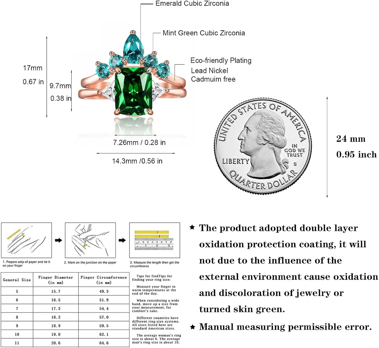 JIANGYUE Emerald Green Cubic Zirconia Stackable Statement Rings for Women Rose Gold White Crown Wedding Rings Set Mother's Day Jewelry Gift Size 5 6 7 8 9 10