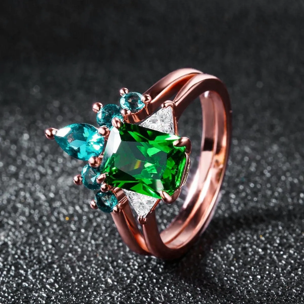 JIANGYUE Emerald Green Cubic Zirconia Stackable Statement Rings for Women Rose Gold White Crown Wedding Rings Set Mother's Day Jewelry Gift Size 5 6 7 8 9 10