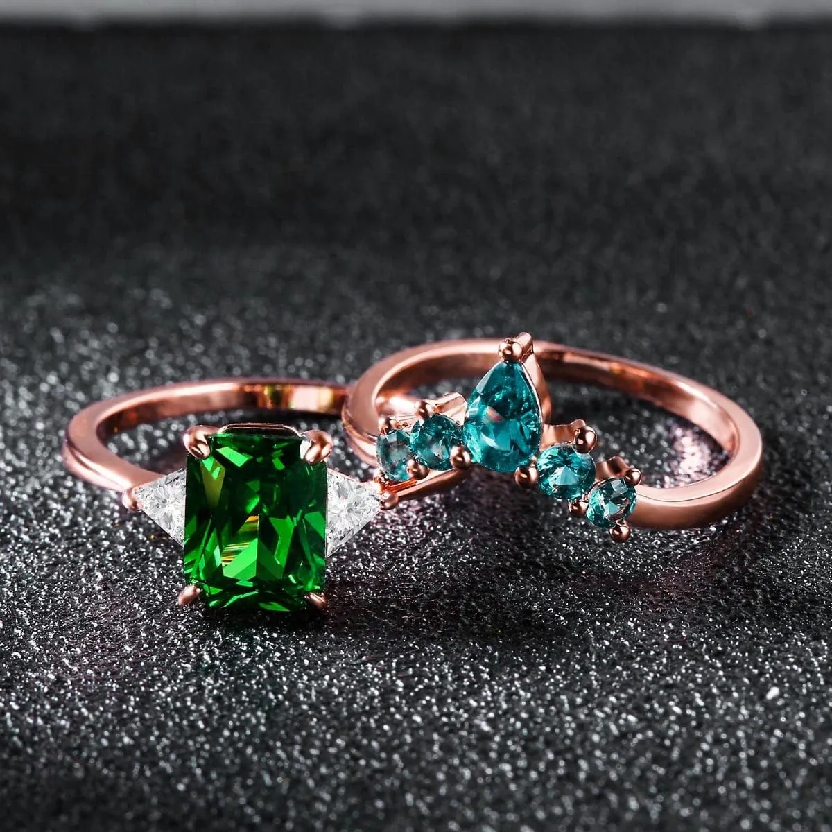JIANGYUE Emerald Green Cubic Zirconia Stackable Statement Rings for Women Rose Gold White Crown Wedding Rings Set Mother's Day Jewelry Gift Size 5 6 7 8 9 10