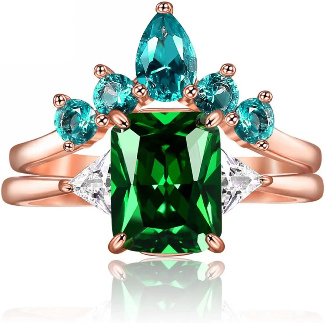 JIANGYUE Emerald Green Cubic Zirconia Stackable Statement Rings for Women Rose Gold White Crown Wedding Rings Set Mother's Day Jewelry Gift Size 5 6 7 8 9 10