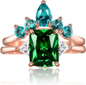 JIANGYUE Emerald Green Cubic Zirconia Stackable Statement Rings for Women Rose Gold White Crown Wedding Rings Set Mother's Day Jewelry Gift Size 5 6 7 8 9 10