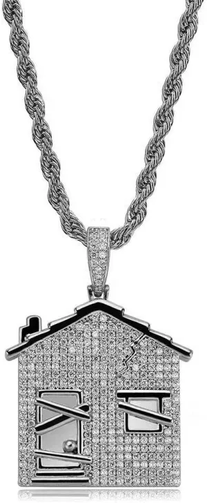JINAO Hip Hop Trap House Pendant Iced Out Simulated Diamond Necklace with Rope Chain for Men