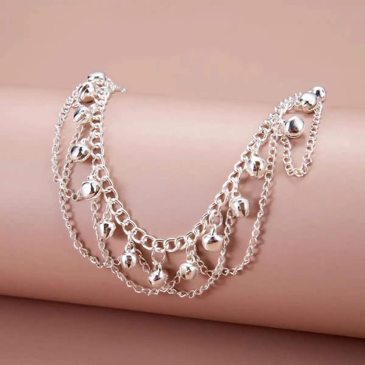 Jingling Bell Beaded Tassel Anklet Bracelet for Women Boho Silver Bells Sounds Bead Pendant Adjustable Layered Indian Jingle Gypsy Vintage Ankle Barefoot Sandals Feet Foot Chain Bohemia Summer Beach