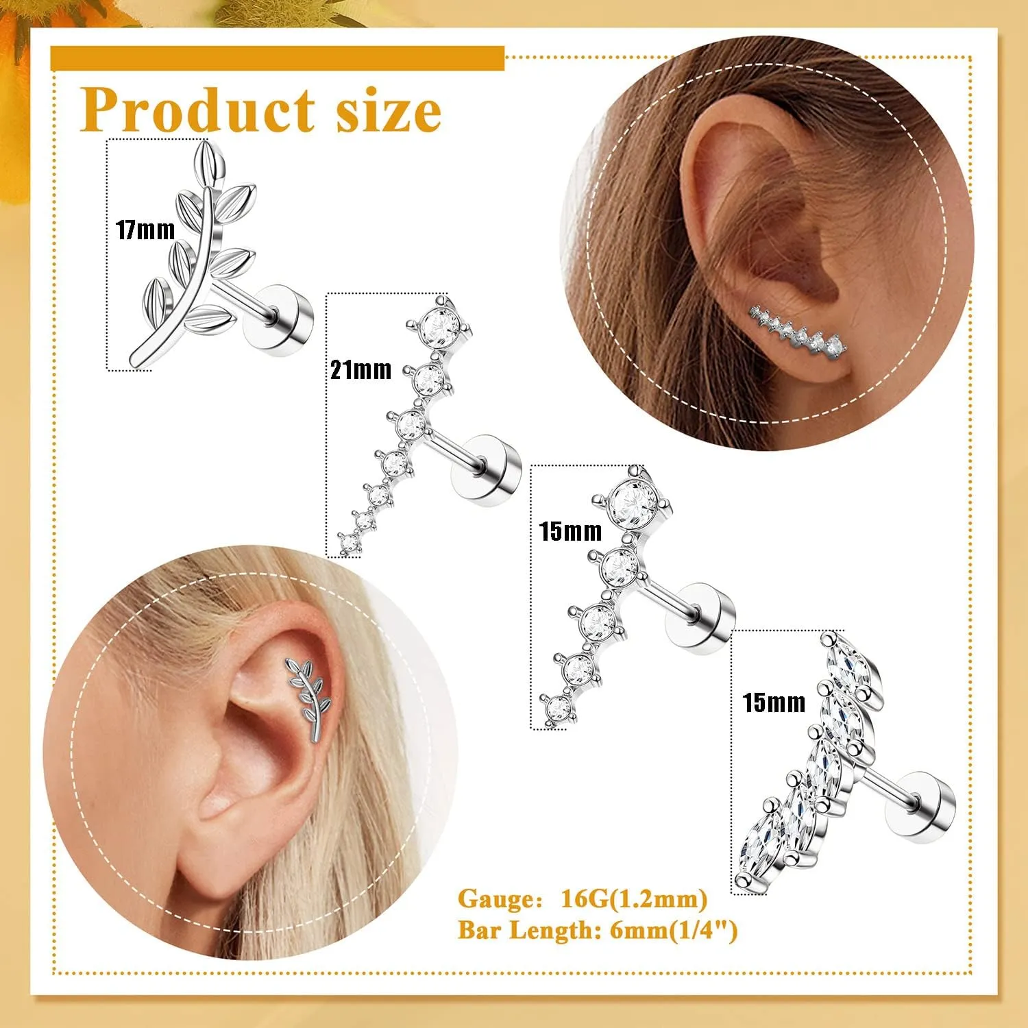 Jstyle 8 Pcs 16G 316L Stainless Steel Cartilage Stud Earring Set for Women Opal CZ Leaf Bar Flat Screw Back Conch Helix Daith Piercing Jewelry