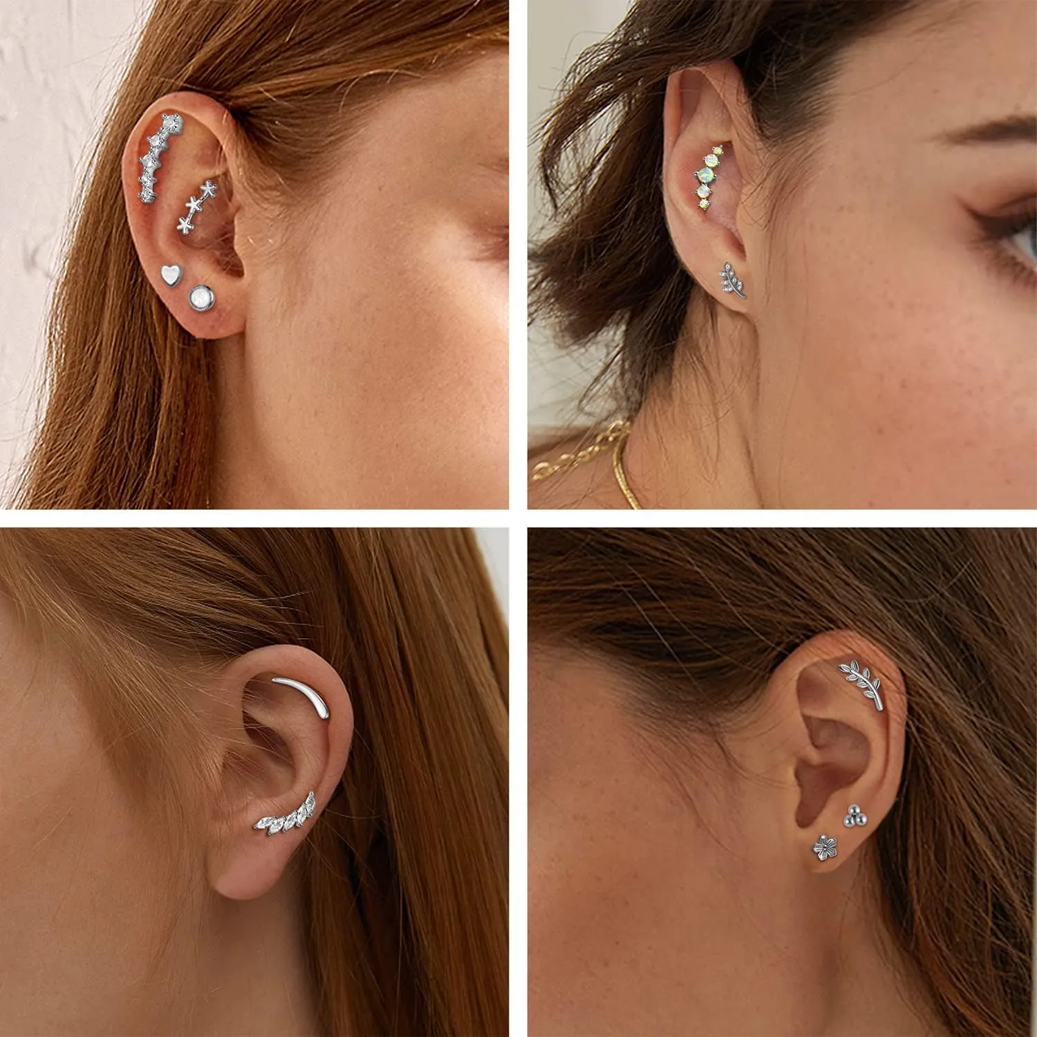 Jstyle 8 Pcs 16G 316L Stainless Steel Cartilage Stud Earring Set for Women Opal CZ Leaf Bar Flat Screw Back Conch Helix Daith Piercing Jewelry