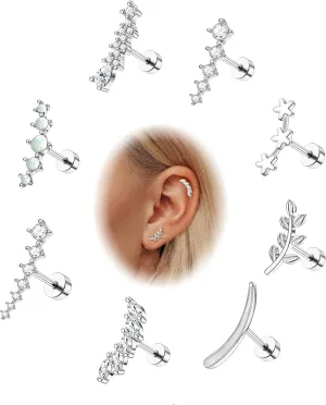 Jstyle 8 Pcs 16G 316L Stainless Steel Cartilage Stud Earring Set for Women Opal CZ Leaf Bar Flat Screw Back Conch Helix Daith Piercing Jewelry