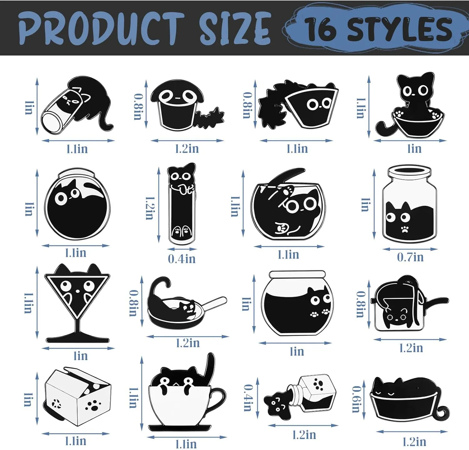 Juexica 16 Pcs Black Cat Enamel Pin Bulk Anime Animals Cute Kawaii Creative Lovely Metal Kitten Brooches for Backpack Hat Jackets Bag Clothes Accessories Christmas Holiday Gifts