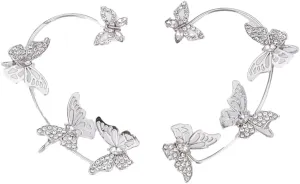 Jumwrit Rhinestone Butterfly Ear Cuffs Earrings Silver Ear Cuffs Climber Crawler Wrap Earrings Non Pierced Clips on Earrings Bohemian Hollow Butterfly Earrings for Women2PCS