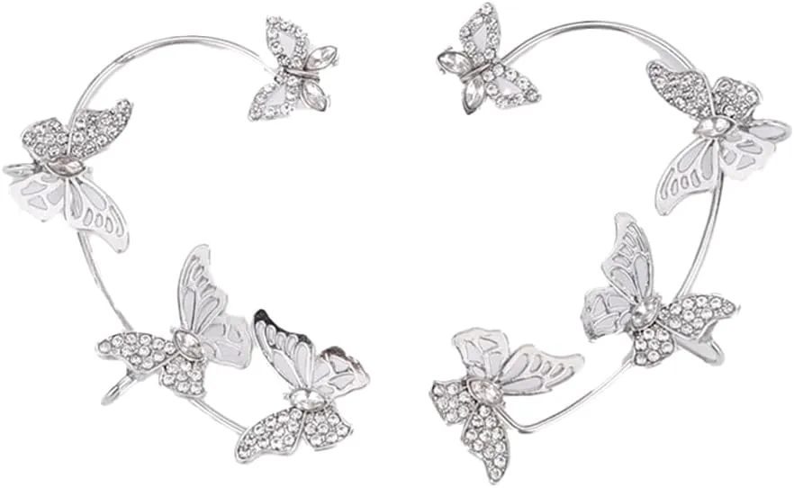 Jumwrit Rhinestone Butterfly Ear Cuffs Earrings Silver Ear Cuffs Climber Crawler Wrap Earrings Non Pierced Clips on Earrings Bohemian Hollow Butterfly Earrings for Women2PCS