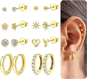 Kakonia 8 Pairs 925 Sterling Silver Hypoallergenic Earrings Set for Multiple Piercing Dainty 14K Gold Plated Stud Huggie Small Hoop Earrings for Women Trendy Cute Earring Stacks for Sensitive Ears