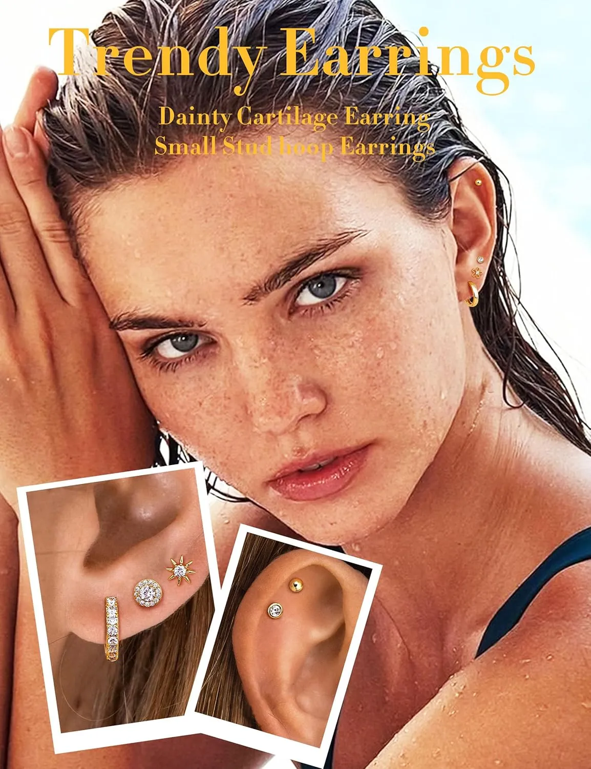 Kakonia 8 Pairs 925 Sterling Silver Hypoallergenic Earrings Set for Multiple Piercing Dainty 14K Gold Plated Stud Huggie Small Hoop Earrings for Women Trendy Cute Earring Stacks for Sensitive Ears