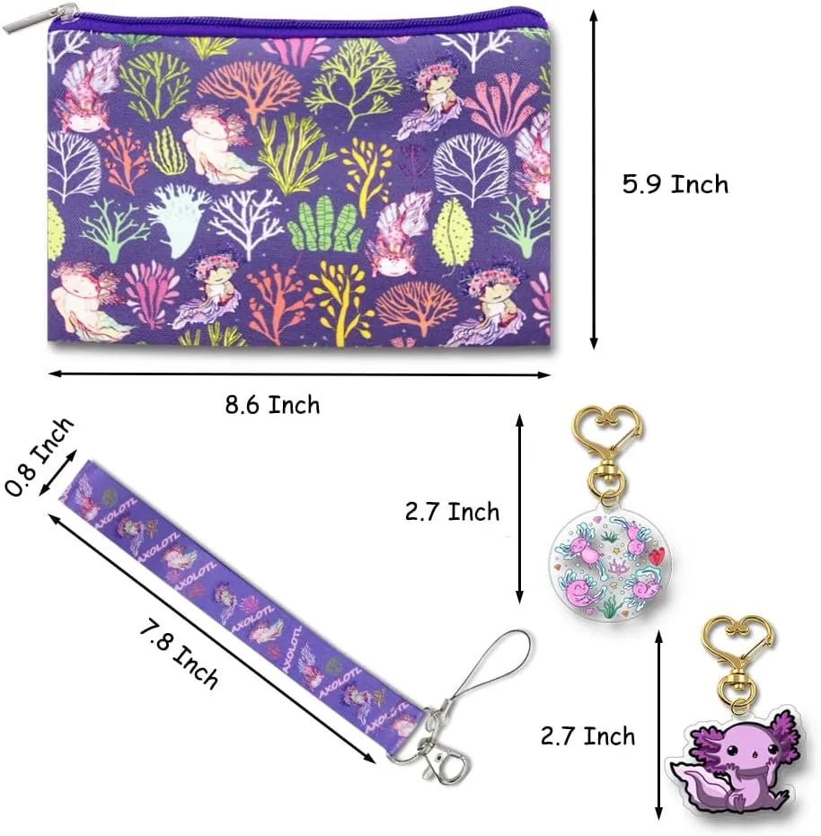 Kawaii Axolotl Gifts Set - Axolotl Makeup Bag, Keychains, Stickers & Purse Wallet