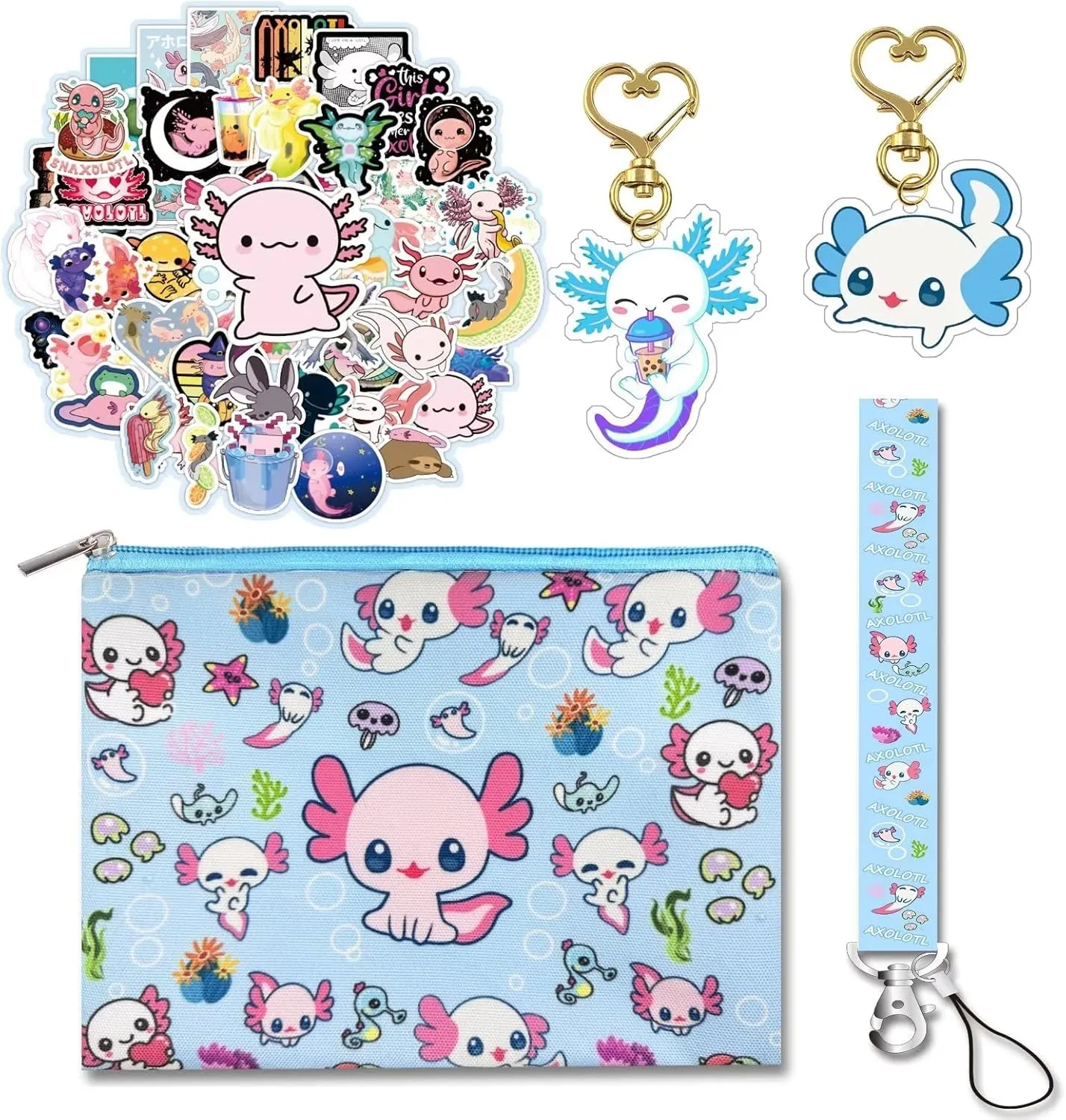 Kawaii Axolotl Gifts Set - Axolotl Makeup Bag, Keychains, Stickers & Purse Wallet