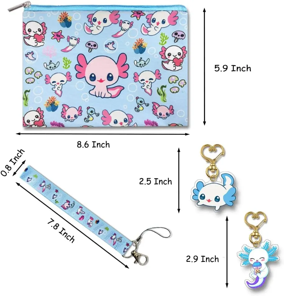 Kawaii Axolotl Gifts Set - Axolotl Makeup Bag, Keychains, Stickers & Purse Wallet